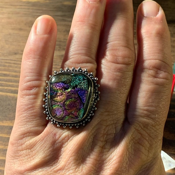 Rainbow Angel Aura Quartz, Dichromic Glass & Sterling Silver Ring Size 9