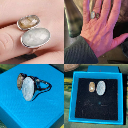 Handmade, Frequency-Infused ‘Wearable-Healing’ Sterling Silver, Amazonite & Smoky Quartz Adjustable Ring.