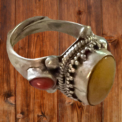 Handmade, frequency-infused Yellow & Red Jasper Tibetan Silver Ring