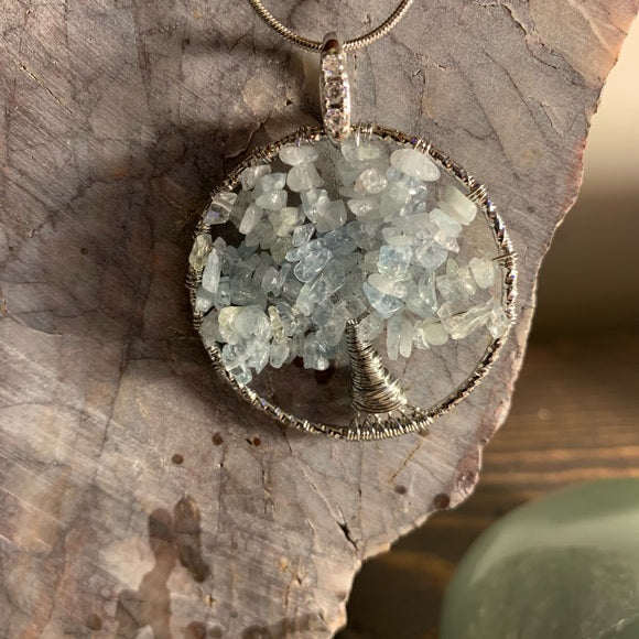 Blue Lace Agate & Sterling Silver Tree of Life Pendant