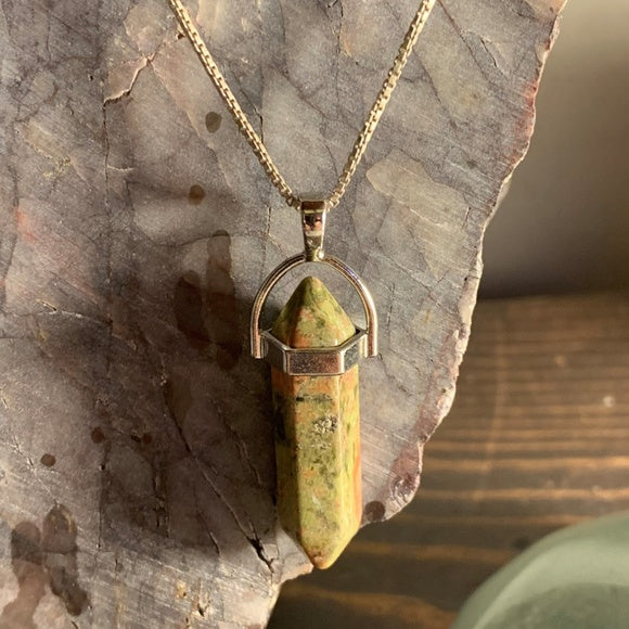 Unakite & Sterling Silver Crystal Point Pendant