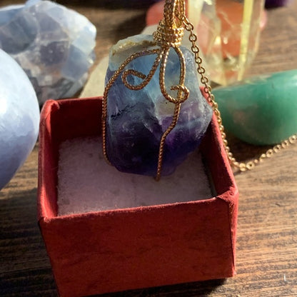 Rainbow Fluorite & Antique Brass & Copper Wire-Wrapped Pendant