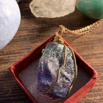 Rainbow Fluorite & Antique Brass & Copper Wire-Wrapped Pendant