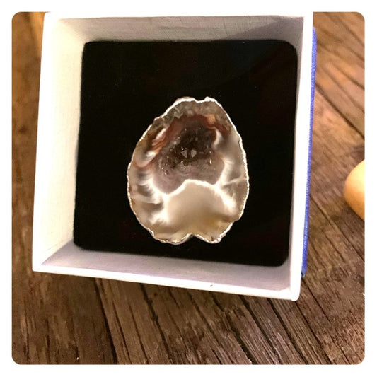 Silver-plated Agate Crystal Geode Ring Size OS