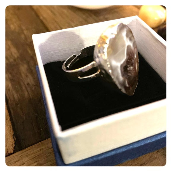 Silver-plated Agate Crystal Geode Ring Size OS