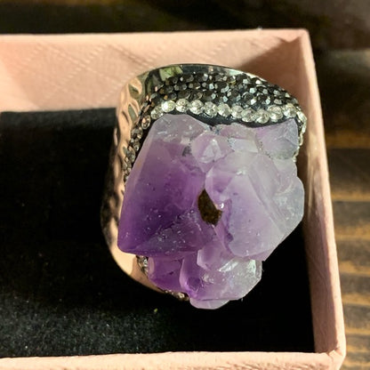 Raw Amethyst Druzy Pave Ring Size 7, 8