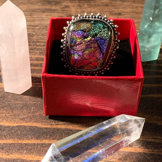 Rainbow Angel Aura Quartz, Dichromic Glass & Sterling Silver Ring Size 9